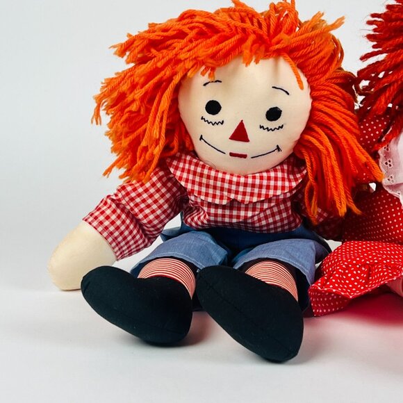 Vintage Raggedy Ann & Andy Dolls Soft Plush Pair 19” Red Polka Dot Clothes - Picture 3 of 11